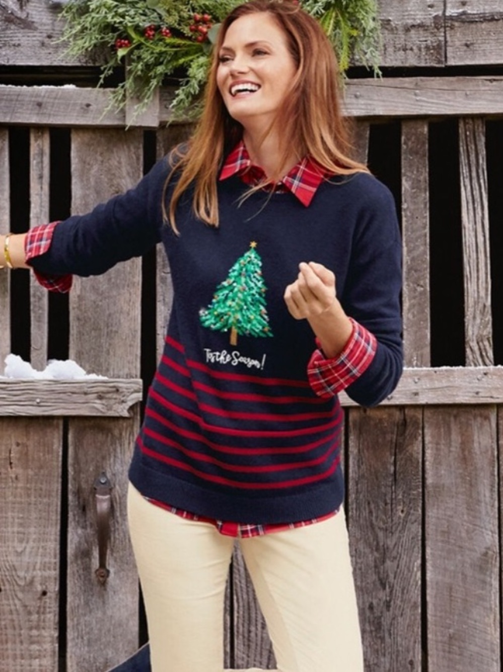 Talbots Navy Striped Christmas Tree Sweater Size S
